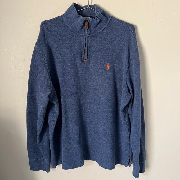 Polo Ralph Lauren 1/4 Zip Up Navy Blue Sweater Pullover Orange Pony Size XL - Picture 1 of 6